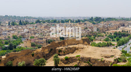 Aerial view of historical Moroccan Arabic town Fez with its city wall and soukhs Stock Photo