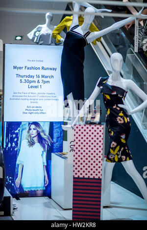 Sydney, Australia. 16th Mar, 2017. Instore display for the Myer Fashion Runway at Myer Sydney flagship store. The inaugural Myer Autumn 2017 Fashion Runway event allows a ‘see, try and buy' retail experience with customers able to purchase their favourite looks straight off the catwalk. Credit: Hugh Peterswald/Pacific Press/Alamy Live News Stock Photo