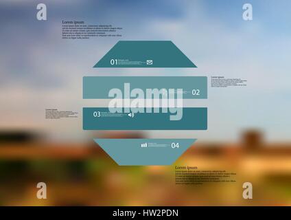 Illustration infographic template with motif of octagon horizontally divided to four blue standalone sections. Blurred photo with natural motif landsc Stock Vector
