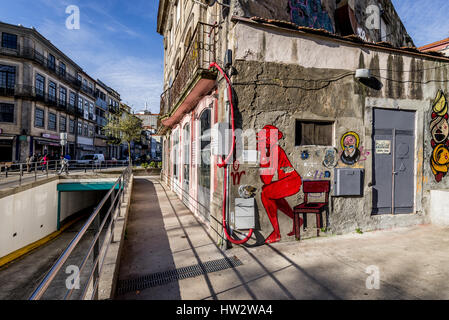 Street art on the wall in Santo Ildefonso district of Porto city on Iberian Peninsula, second largest city in Portugal Stock Photo