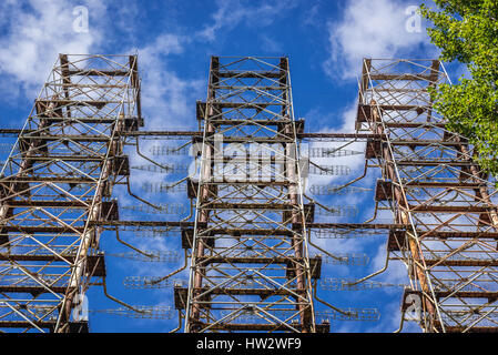 Old Soviet radar system called Duga near Cherobyl town in Chernobyl Nuclear Power Plant Zone of Alienation around nuclear reactor disaster in Ukraine Stock Photo