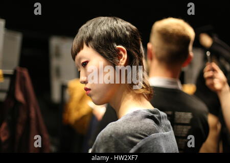 Hussein Chalayan autumn/winter 2017 London Fashion Week collection backstage Stock Photo