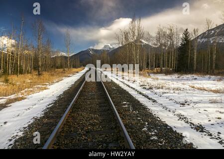 Canadian Pacific Railroad Railway Train Line Canmore Alberta Foothills Aspen Trees Springtime Landscape Banff National Park Canadian Rocky Mountains Stock Photo