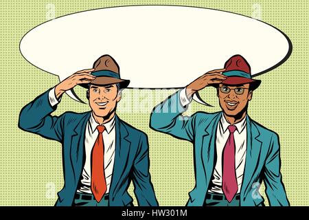 Joyful white and black businessmen in retro hats Stock Vector