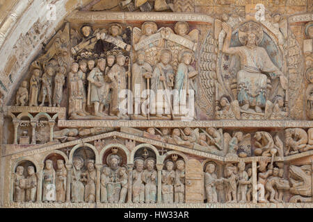 Last Judgment. Detail of the Romanesque tympanum of the main portal of the Abbey Church of Saint Foy (Abbatiale Sainte-Foy de Conques) in Conques, Aveyron, France. Stock Photo