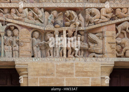 Last Judgment. Detail of the Romanesque tympanum of the main portal of the Abbey Church of Saint Foy (Abbatiale Sainte-Foy de Conques) in Conques, Aveyron, France. Stock Photo