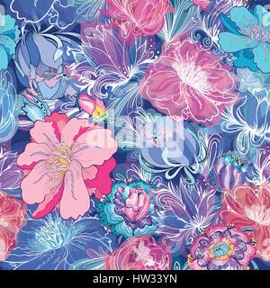 Seamless elegant texture with lily, lotus and peony flowers in indigo blue and pink colors for textile and paper design Stock Vector