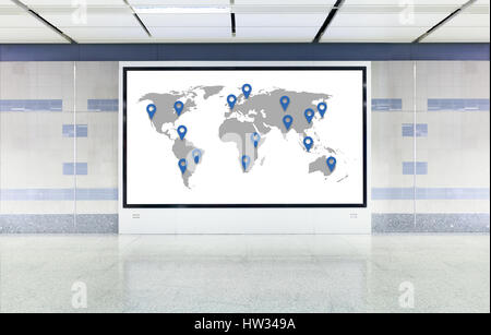 Worldwide business or travel destinations concept with a world map displayed on a digital advertising board Stock Photo