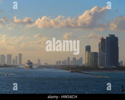 Cruise ship leaving port of Miami in late afternoon. Stock Photo