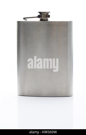 Front view of metal flask closeup. Steel hipflask for alcohol Stock Photo