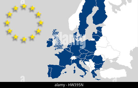 Map EU countries - European Union - Brexit UK - World map Europe, Eurasia - EU logo stars - Illustration grey blue Stock Photo