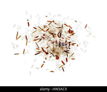 mixed rice, long grain basmati, red and wild, small pile isolated on white, backlit Stock Photo