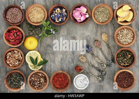 Herb tea selectionn in wooden bowls and old spoons with strainer, teas also used in natural alternative medicine. Stock Photo
