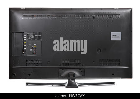 The rear view - backside - with empty connectors. Back of LCD television isolated on a white background. Stock Photo