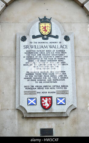 London England, UK. Memorial to Sir William Wallace on the outer wall of St Bartholomew's Hospital, West Smithfield.  'To the immortal memory of Sir W Stock Photo