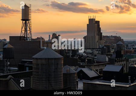 Summer Sunset light on Chelsea rooftops, the Walker Tower, and water towers, Manhattan, New York City Stock Photo