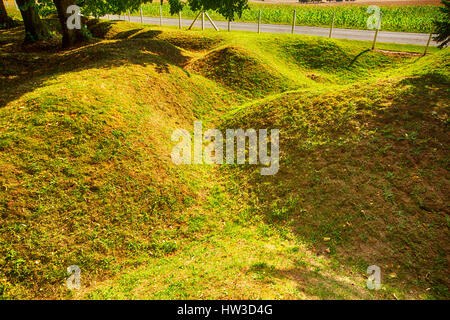 Preserved trenches at Newfoundland Memorial Park, Beaumont Hamel, commemorating Canadian losses in the Battle of the Somme in the First World War. Stock Photo