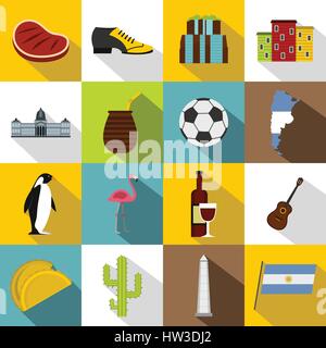 Argentina travel items icons set, flat style Stock Vector