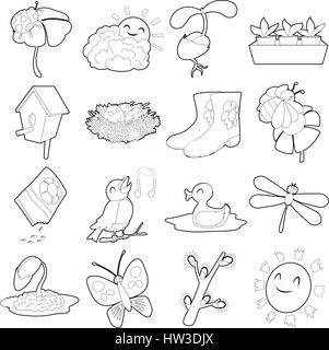 Spring things icons set, cartoon outline style Stock Vector