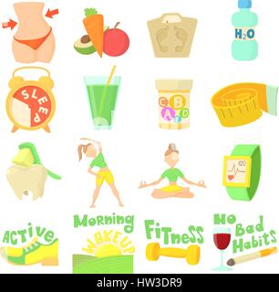 Healthy lifestyle icons set, cartoon style Stock Vector