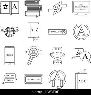 Translator profession icons set, outline style Stock Vector