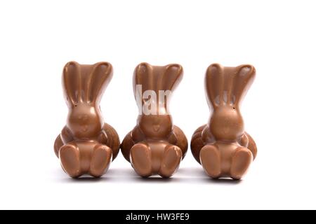 Three chocolate easter bunnies. Stock Photo