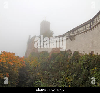 Wartburg im Nebel;  Wartburg Castle in autumn  mist:  During his exile on this castle (May 1521 to March 1522) Martin Luther translated the bible.t Stock Photo