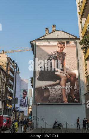 Giant advertisment boards on Corso Garibaldo in Milan, Italy. Milan is a major fashion hub. Stock Photo
