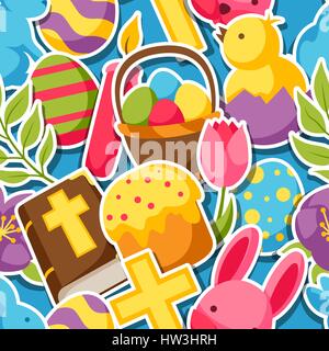 Happy Easter seamless pattern with decorative objects, eggs and bunnies stickers Stock Vector