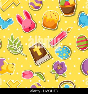 Happy Easter seamless pattern with decorative objects, eggs and bunnies stickers Stock Vector