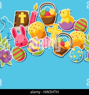 Happy Easter seamless pattern with decorative objects, eggs and bunnies stickers Stock Vector