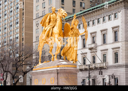 Golden statue of General W T Sherman and Victory at Central Park, NYC Stock Photo