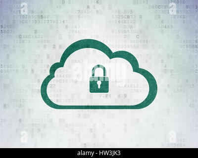 Cloud technology concept: Painted green Cloud With Padlock icon on Digital Data Paper background Stock Photo
