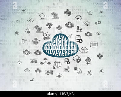 Cloud networking concept: Painted blue Cloud With Code icon on Digital Data Paper background with  Hand Drawn Cloud Technology Icons Stock Photo