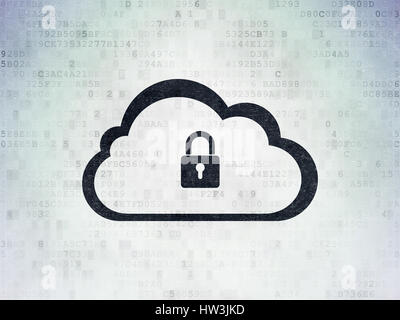 Cloud technology concept: Painted black Cloud With Padlock icon on Digital Data Paper background Stock Photo