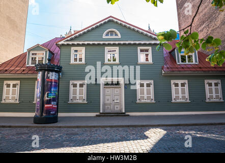 Small building with wooden facade in Gertrudes Street in Riga, capital city of Republic of Latvia Stock Photo
