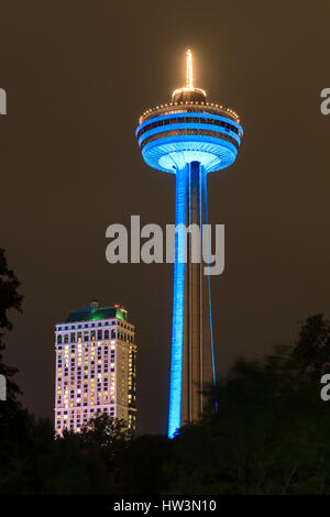 Lighted Skylon Tower at night, Niagara Falls, Ontario Province, Canada Stock Photo