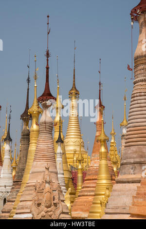 Stupas at Inlay Shwe Inn Tain Pagoda, Indein, Myanmar Stock Photo