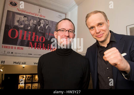 Prague, Czech Republic. 16th Mar, 2017. Finnish director Juho Kuosmanen, left, and actor Jarkko Lahti present Kuosmanen's film debut The Happiest Day in the Life of Olli Maki in Prague, Czech Republic, on Thursday, March 16, 2017. Credit: Vit Simanek/CTK Photo/Alamy Live News Stock Photo