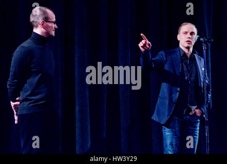 Prague, Czech Republic. 16th Mar, 2017. Finnish director Juho Kuosmanen, left, and actor Jarkko Lahti present Kuosmanen's film debut The Happiest Day in the Life of Olli Maki in Prague, Czech Republic, on Thursday, March 16, 2017. Credit: Vit Simanek/CTK Photo/Alamy Live News Stock Photo