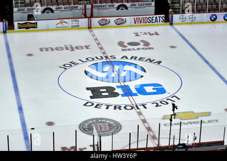 Detroit, Michigan, USA. 16th Mar, 2017. A shot of center ice before the start of NCAA hockey game in the Big Ten Tournament quarterfinal between Michigan State Spartans and Ohio State Buckeyes at Joe Louis Arena in Detroit, Michigan. Allan Dranberg/CSM/Alamy Live News Stock Photo