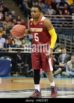 Milwaukee, Wisconsin, USA. 16th Mar, 2017. Winthrop's Keon Johnson looks on during the first round game of the NCAA Tournament between the Butler Bulldogs and the Winthrop Eagles in Milwaukee, Wisconsin. Ricky Bassman/Cal Sport Media/Alamy Live News Stock Photo