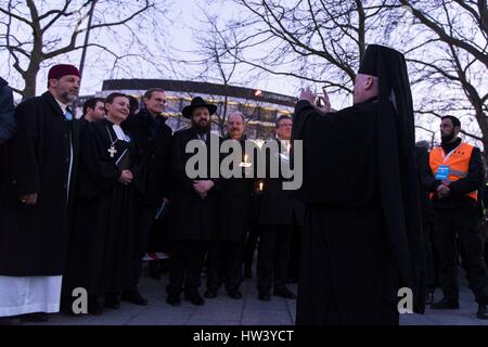 Berlin, Germany. 16th Mar, 2017. Christians, Muslims, Jews, as well as representatives of other Berlin religious communities, rally for tolerance, openness and diversity in Berlin in front of the Kaiser Wilhelm Memorial Church (in German: Kaiser-Wilhelm-Gedaechtniskirche). Three months ago, twelve people died on Breitscheidplatz in a terrorist attack and 65 more were injured by the terrorist militia Islamic State (IS). Credit: ZUMA Press, Inc./Alamy Live News Stock Photo