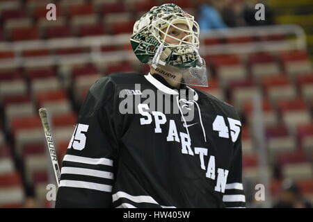 Detroit, Michigan, USA. 16th Mar, 2017. Michigan State Spartans Ed Minney G (45) during NCAA hockey game in the Big Ten Tournament quarterfinal between Michigan State Spartans and Ohio State Buckeyes at Joe Louis Arena in Detroit, Michigan. Allan Dranberg/CSM/Alamy Live News Stock Photo