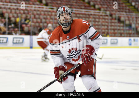 Detroit, Michigan, USA. 16th Mar, 2017. Ohio State Buckeyes David Gust F (17) during NCAA hockey game in the Big Ten Tournament quarterfinal between Michigan State Spartans and Ohio State Buckeyes at Joe Louis Arena in Detroit, Michigan. Allan Dranberg/CSM/Alamy Live News Stock Photo