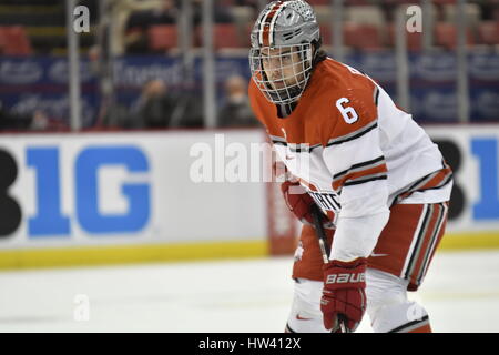 Detroit, Michigan, USA. 16th Mar, 2017. Ohio State Buckeyes Tommy Parran D (6) during NCAA hockey game in the Big Ten Tournament quarterfinal between Michigan State Spartans and Ohio State Buckeyes at Joe Louis Arena in Detroit, Michigan. Allan Dranberg/CSM/Alamy Live News Stock Photo