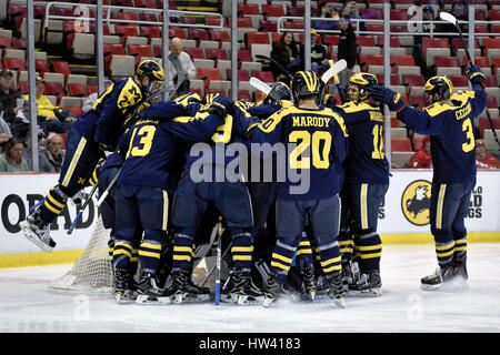 Detroit, Michigan, USA. 16th Mar, 2017. Michigan Wolverines huddle up before the NCAA hockey game in the Big Ten Tournament quarterfinal between Michigan Wolverines and Penn State Nittany Lions at Joe Louis Arena in Detroit, Michigan. Allan Dranberg/CSM/Alamy Live News Stock Photo