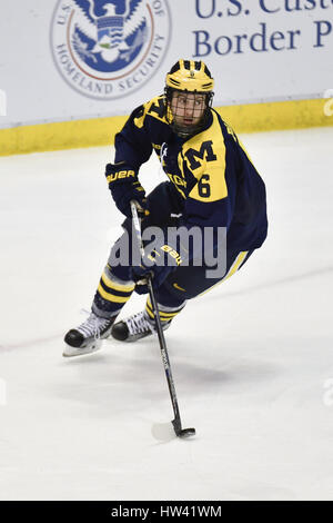 Detroit, Michigan, USA. 16th Mar, 2017. Michigan Wolverines Sam Piazza D (6) during NCAA hockey game in the Big Ten Tournament quarterfinal between Michigan Wolverines and Penn State Nittany Lions at Joe Louis Arena in Detroit, Michigan. Allan Dranberg/CSM/Alamy Live News Stock Photo