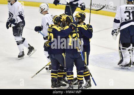 Detroit, Michigan, USA. 16th Mar, 2017. Michigan Wolverines celebrate after goal during NCAA hockey game in the Big Ten Tournament quarterfinal between Michigan Wolverines and Penn State Nittany Lions at Joe Louis Arena in Detroit, Michigan. Allan Dranberg/CSM/Alamy Live News Stock Photo