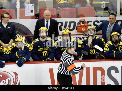 Detroit, Michigan, USA. 16th Mar, 2017. Michigan Wolverines Head Coach Red Berenson being told a goal was waved off for offsides during NCAA hockey game in the Big Ten Tournament quarterfinal between Michigan Wolverines and Penn State Nittany Lions at Joe Louis Arena in Detroit, Michigan. Allan Dranberg/CSM/Alamy Live News Stock Photo